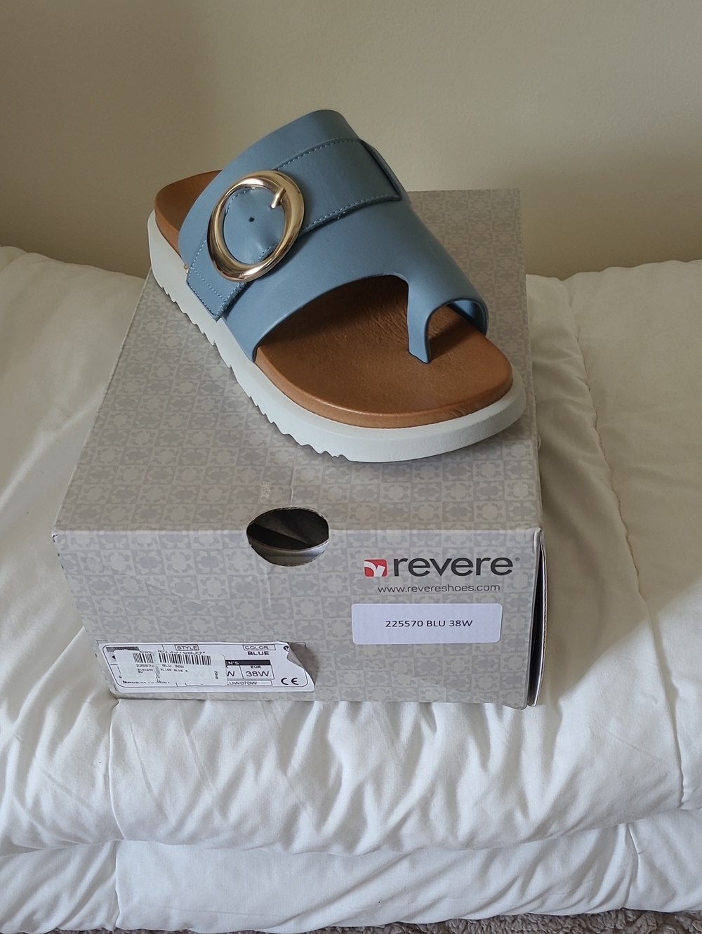 Revere Women's Blue Buckle Toe-Ring Slide Sandal